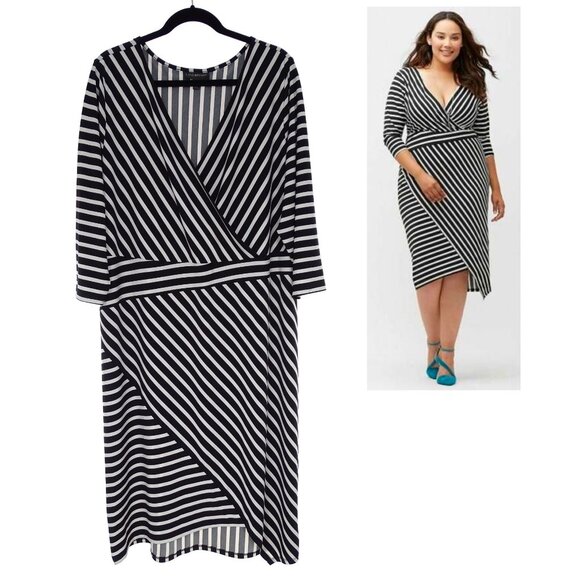 Black & White Striped Stretch Asymmetrical Midi Dress Size 18/20 2X Bodycon Plus - Picture 1 of 6